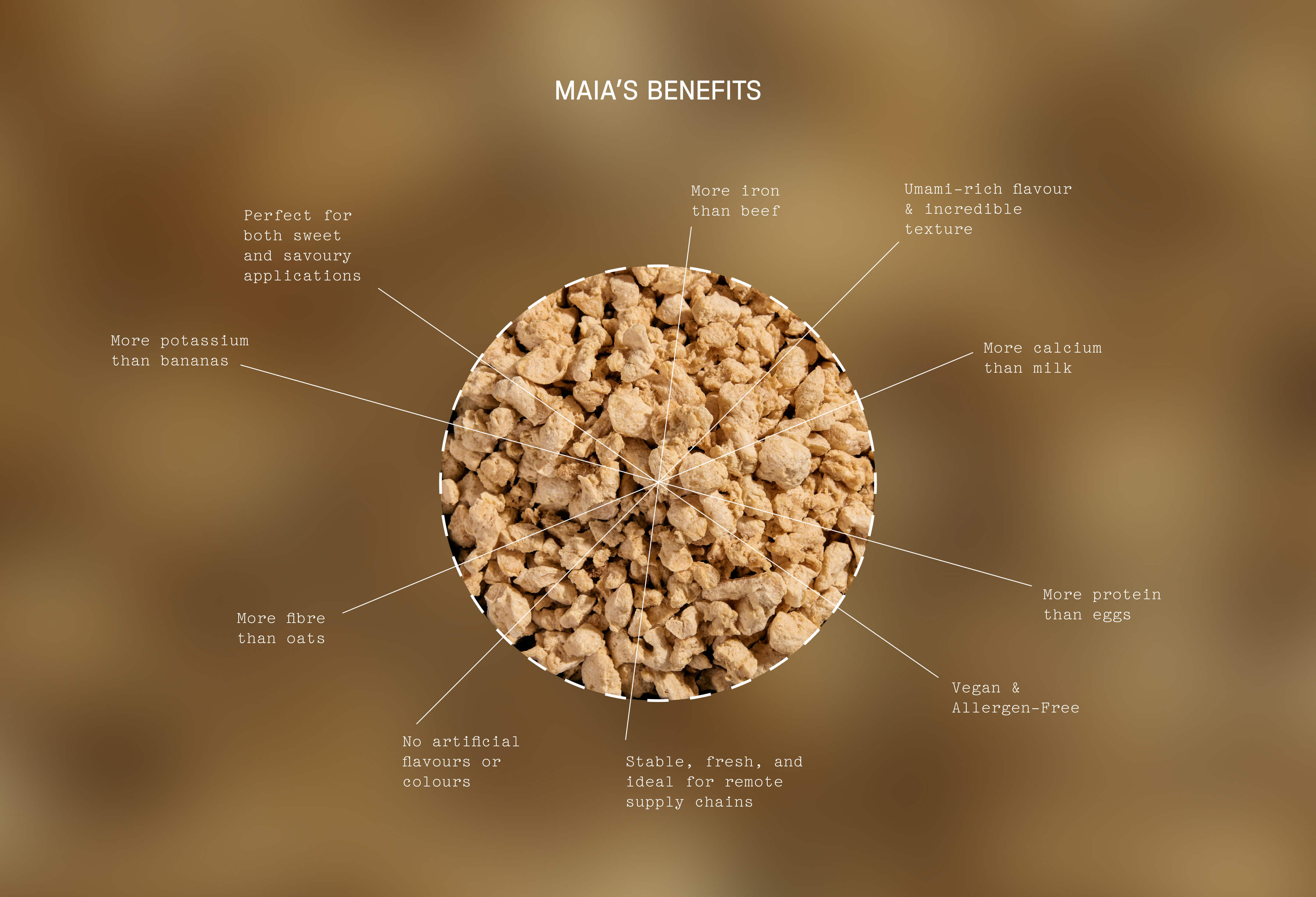 Infographic showcasing the benefits of Maia Farms’ mycelium-based protein, with a central image of GROUNDS surrounded by key nutritional and functional claims like more iron than beef, more potassium than bananas, and suitability for remote supply chains.