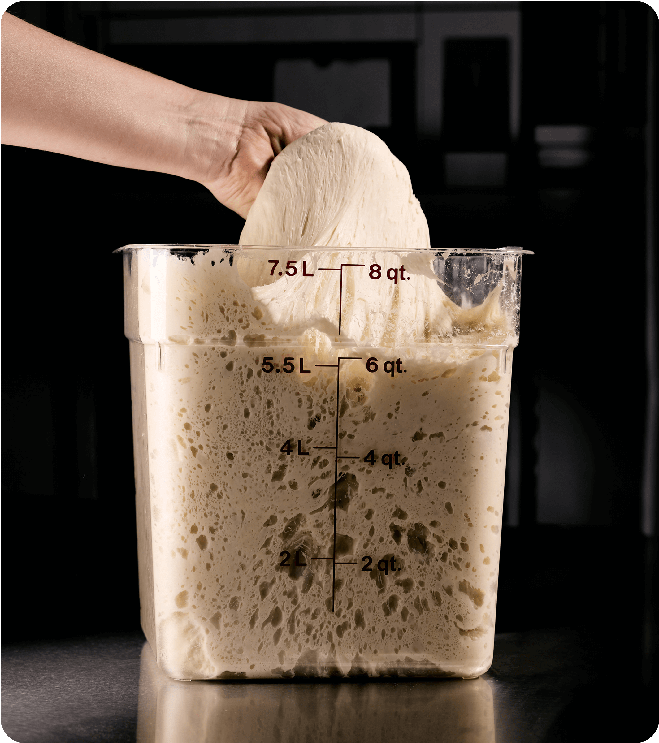A hand lifts freshly fermented mycelium from a large clear container, showing its airy, fibrous texture and volume—highlighting Maia Farms' flour protein format.