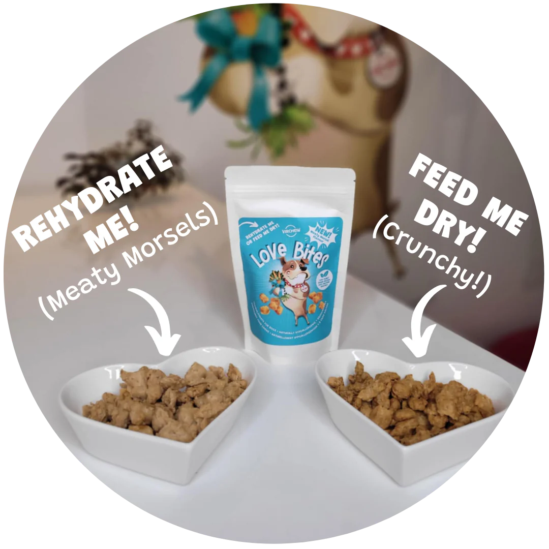Love Bites high-protein dog treats from The Love Bowl shown in heart-shaped bowls, with options to serve dry and crunchy or rehydrated as meaty morsels—versatile, nutritious pet food made with sustainable maia farms ingredients